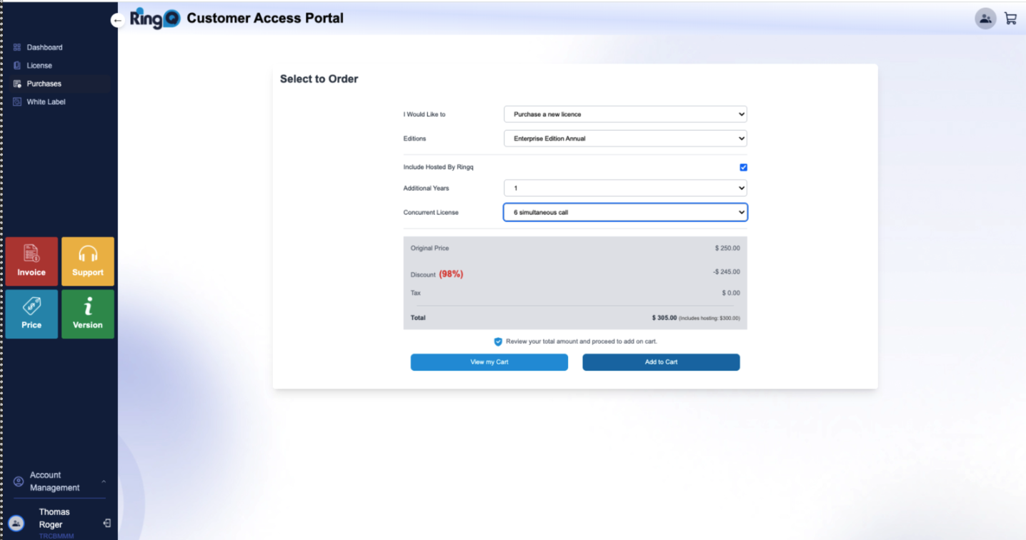 Purchasing a new RingQ license.